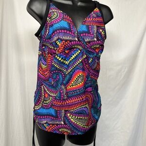 Aqua Couture Tankini Swim Top XL Abstract Print Black Blue Pink V Neck Side